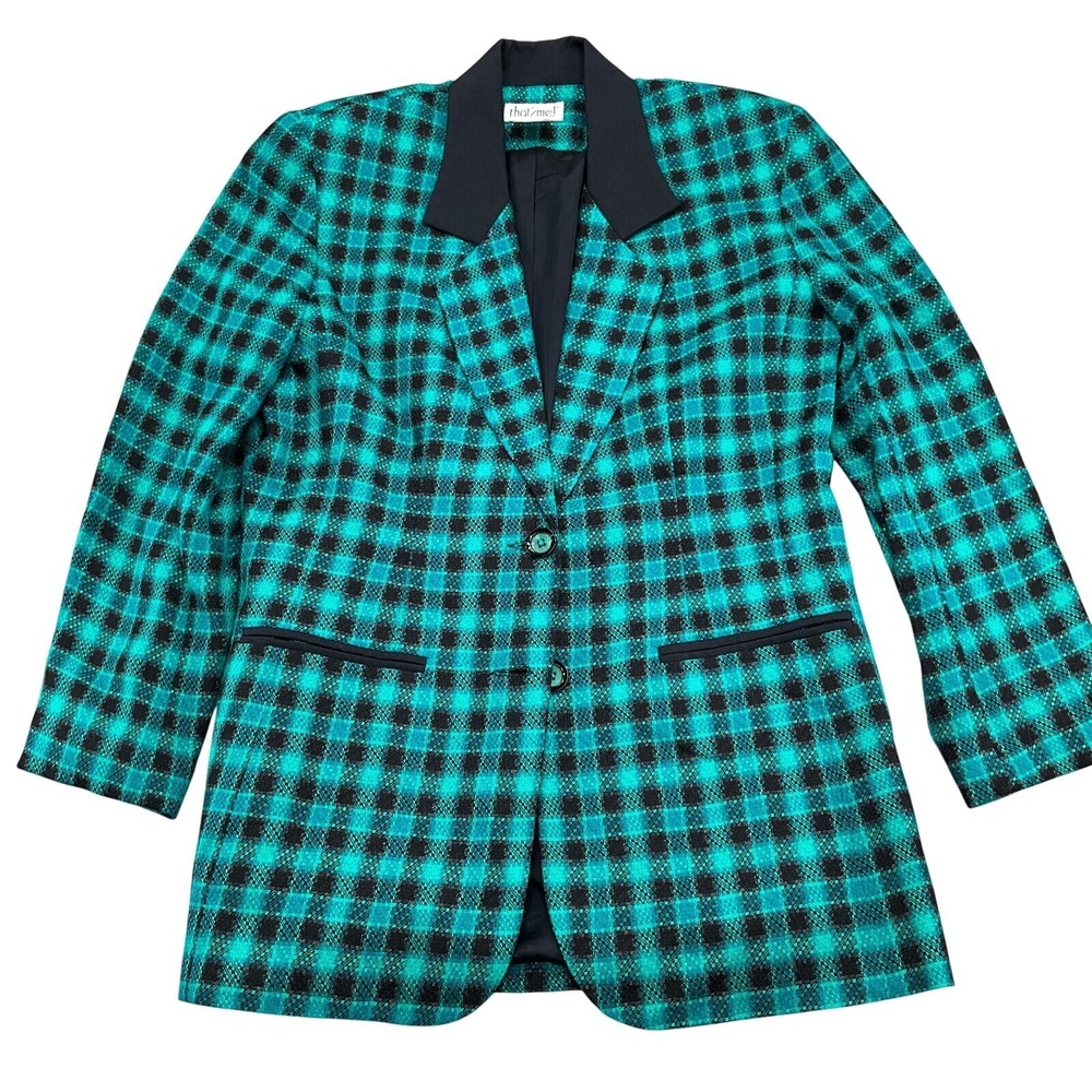 That's Me! Blazer Women 3/4 Teal Blue Check Plaid Vivid Classic Jacket USA VTG